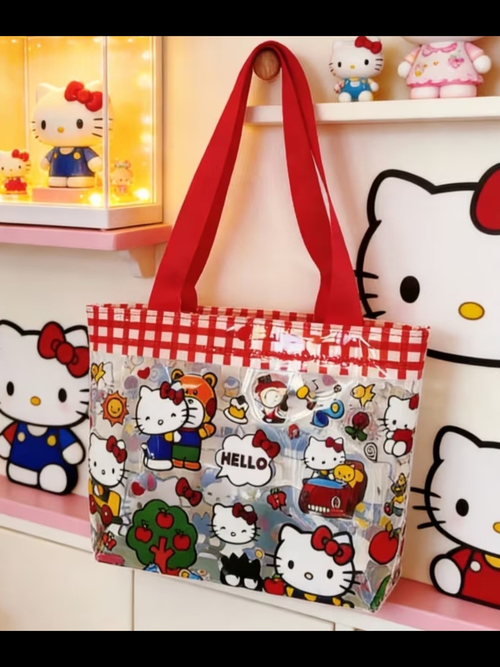 Hello Kitty Red Clear PVC Tote with Playful Character Print